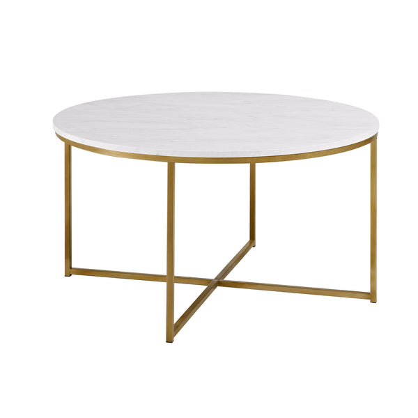 English Elm Walker Edison - Modern Glam Round Faux Marble Coffee Table with Gold X-Base, Sturdy Metal Frame, Chic Mid-Century Appeal B185P326703