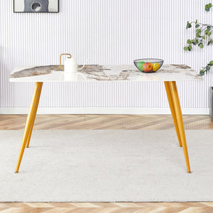English Elm Modern minimalist sintered stone dining table with white marble-look top and sturdy metal legs, seats 4-6 comfortably Gold W1151S01018