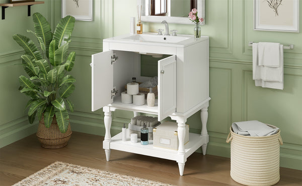 English Elm 24'' French Style Bathroom Vanity with Ceramic Sink Soft Close Cabinet and Drawer White N710P411341K