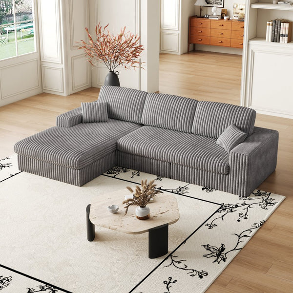 English Elm 114.5'Modern Corduroy Modular sofa with reversible chaise, slow-rebound foam cushions and versatile L-shape seating Grey W834S00457