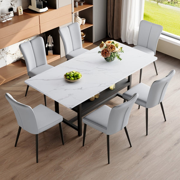 English Elm Table And Chair Set - Modern 71" White Grain Dining Table With Storage & 6 Ergonomic Light Gray Chairs W1151S04266-GIGA