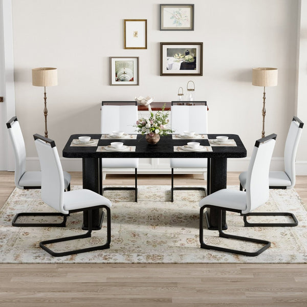 English Elm Table Set 64.5" Stylish Black Wood Dining Table With 6 White Pu Chairs - Modern Elegance For Your Home W1151S04303-GIGA