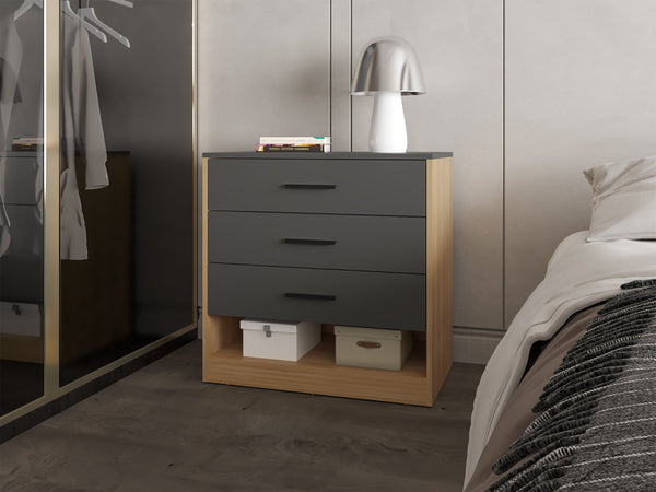 English Elm Lowrys Modern 3-Drawer Dresser with Open Shelf in Natural Oak & Matt Grey — Sleek Storage Solution for Bedroom organization B128P263723