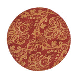 English Elm Yolanda 24" Round Upholstered Accent Ottoman, Red Gold Damask Jacquard With Gold Trim