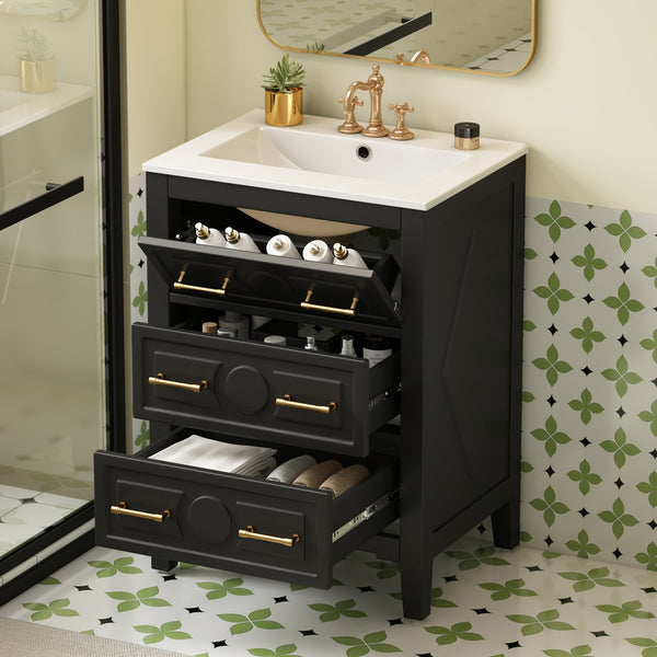 English Elm 24'' Bathroom Vanity with Ceramic Sink and 3 Drawers Retro Solid Wood Frame Freestanding Storage Black N710P371184B