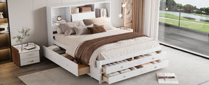 English Elm Queen Platform Bed with Built-In Headboard Storage and 8 Drawers, Solid Wood MDF, Sturdy Design White GX000453AAK