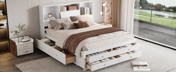 English Elm Queen Platform Bed Solid Pine Frame with Storage Headboard and Eight Organizer Drawers White GX000453AAK-1