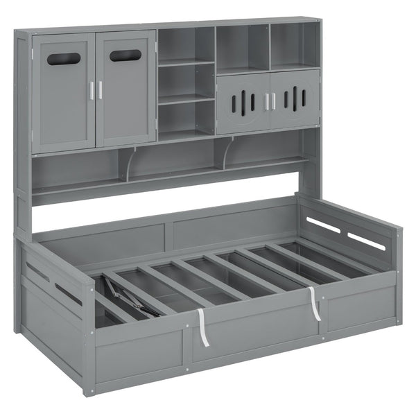 English Elm Twin Size Wooden Daybed With Hydraulic Lift & Integrated Storage Cabinet For Space-Saving Style N820S00046E-GIGA