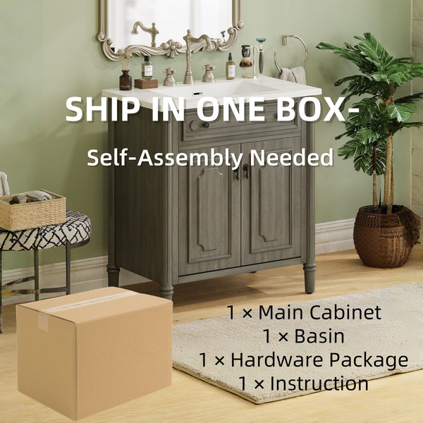 English Elm Christopher Knight Home® - 30 Inches Vintage Bathroom Vanity With Sink – Rustic Gray Cabinet, Soft-Close Doors & Ceramic Top N817P299472G