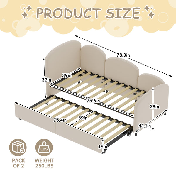 English Elm Twin Flower Velvet Daybed Frame with Pull-Out Storage Drawer, Modern Plush Sofa Bed for Kids Beige W395S00115