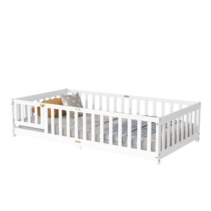 English Elm Twin Low Profile Rubberwood Floor Bed with Full Safety Fence for Toddler Rooms White W504P429270