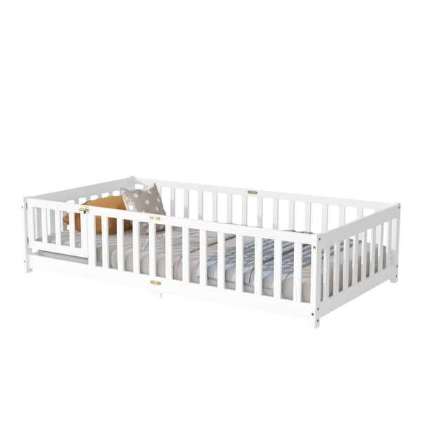 English Elm Twin Low Profile Rubberwood Floor Bed with Full Safety Fence for Toddler Rooms White W504P429270