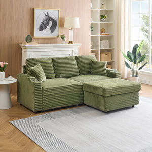 English Elm 80" Corduroy Multi-Function Sofa with Hidden Recliner, Space-Saving Design, Armrests, Cup Holders, Removable Footstool Green W3356S00019
