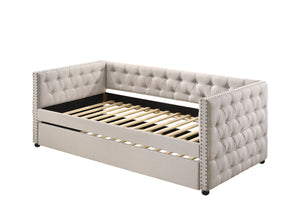 English Elm Romona Beige Upholstered Full Daybed with Twin Trundle, Button Tufting & Nailhead Trim Accent B2726S00334