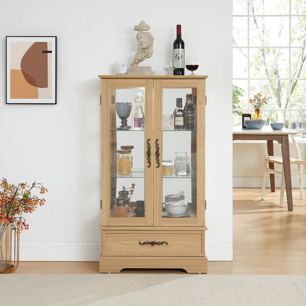 English Elm Glass Lighted Curio Cabinet with Adjustable Glass Shelves, 2 Doors 1 Drawer, Oak Finish, Bulb Included and Anti-Tip Safety Strap for Secure Display of Collectibles W2275P178890