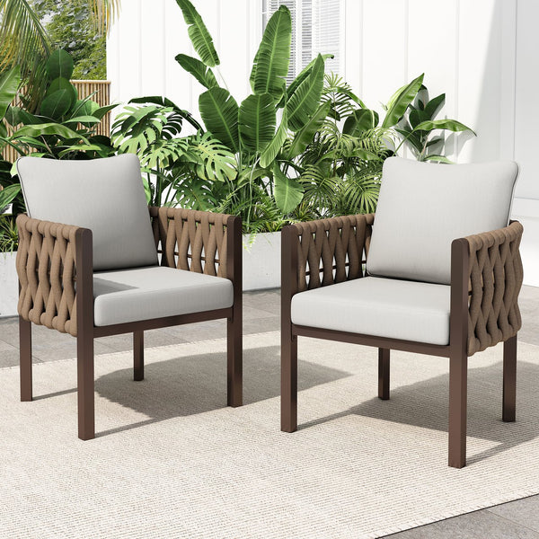 English Elm Christopher Knight Home® - 2-Pieces Outdoor Metal Patio Club Chair with Teslin Rope, Thick Cushions, Rust-Resistant Frame, Brown N780P254451B