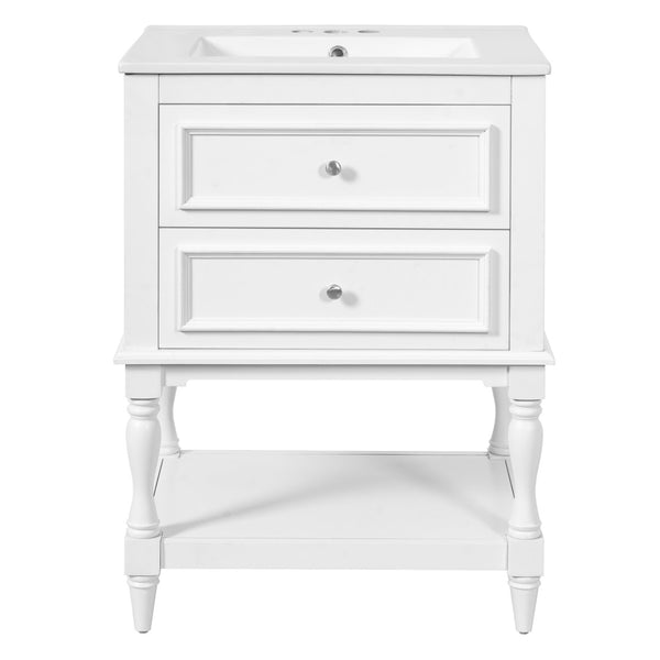 English Elm 24'' Retro Bathroom Vanity Mdf Cabinet with Ceramic Sink Open Shelf and 2 Drawers White N710P405414K