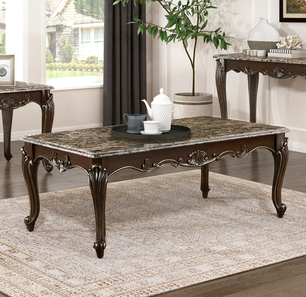 English Elm Formal Balthasar Marble Top Cocktail Table with Cherry Finish, Gold Accents & Cabriole Legs, 51" x29" x20" Brown Mix 55.25 L x 31.5 W x 8.5 H B011P290789