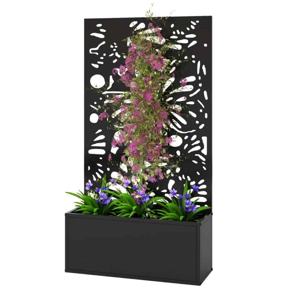 English Elm Freestanding Metal Raised Garden Bed with Leaf Trellis Panel for Patios and Balconies T3971P455199
