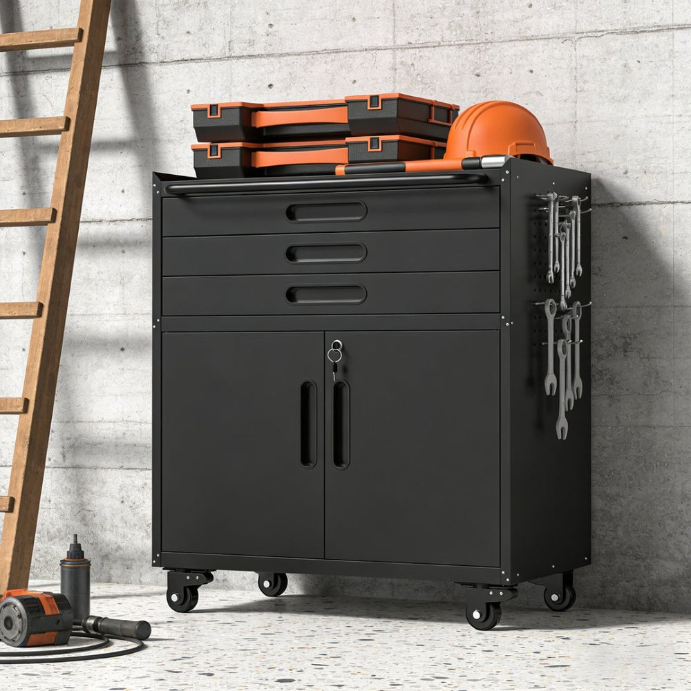 English Elm 34.3" Rolling Steel Workshop Cabinet with 3 Drawers Lockable Doors and Pegboard Sides W2735P428815