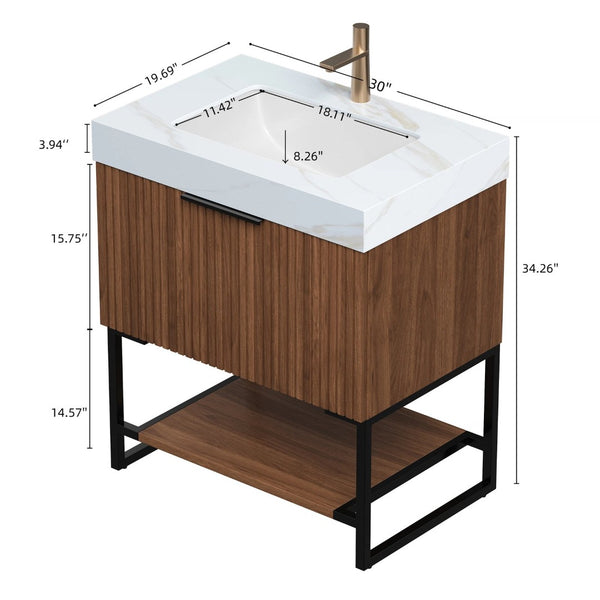 English Elm Yolan 30 Inch Freestanding Bathroom Vanity Plywood Cabinet Sintered Stone Top Oak Finish Black,Carrara White,Dark Walnut W2615S00666