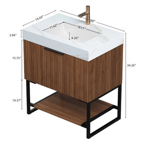 English Elm Yolan 30 Inch Freestanding Bathroom Vanity Plywood Cabinet Sintered Stone Top Oak Finish W2615S00652