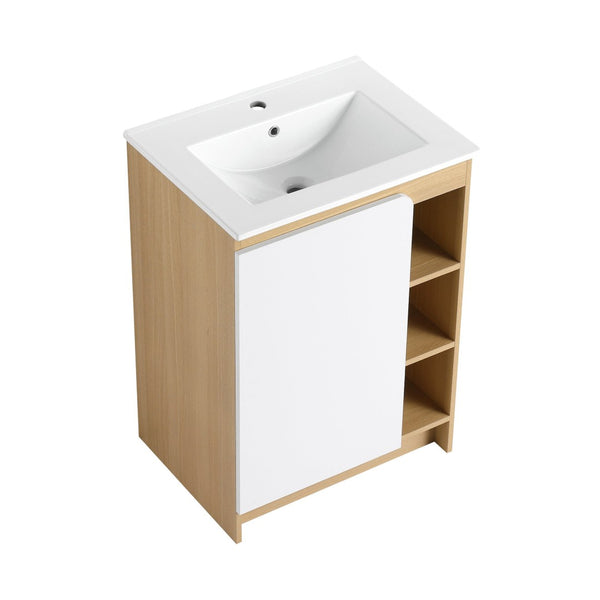 English Elm 24" Freestanding Vanity Light Oak Plywood Ceramic Sink Open Shelves Small Bath W3450P440612