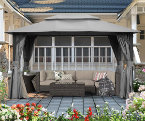 English Elm 10'x13' Outdoor Gazebo Steel Frame Double Roof Patio Shelter with Netting and Curtains Gray W1859P426721