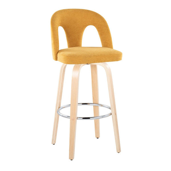 English Elm Fixed-height Swivel Barstools Bentwood Legs Yellow Upholstery Chrome Footrest Set of 2 B202S01879