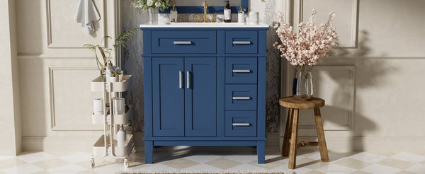 English Elm 30" Freestanding Bathroom Vanity Ceramic Sink Soft Close Cabinet Gray Wood Frame Blue N729P427118C