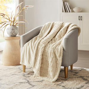 JLA Home Beautyrest - Oversized Plush Faux Fur Heated Throw with Secure Comfort, Low EMF, OEKO‑TEX, Machine Washable Ivory Texture BR54-4696