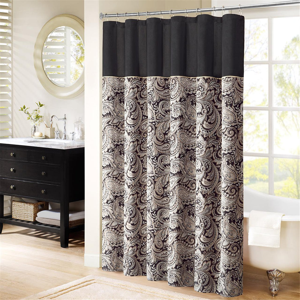 JLA Home Madison Park - Jacquard textured paisley shower curtain with contrasting top stripe, durable polyester, machine washable Black MP70-845