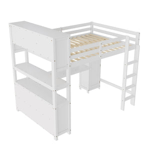English Elm Full Size Pine Loft Bed House Frame with Slide Bookshelves and Moon Star Rails W1580S00162