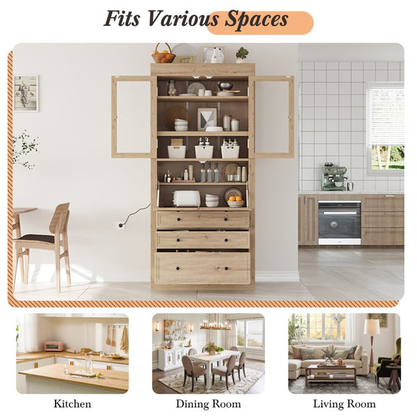 English Elm Topmax Shaker Pantry Cabinet with Drawers Power Outlet and Glass Doors SP000094AAA