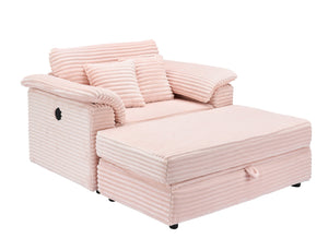 English Elm 47.24-inch corduroy armchair with storage ottoman and USB ports, spring seat, solid wood frame lounge Pink W3356S00022