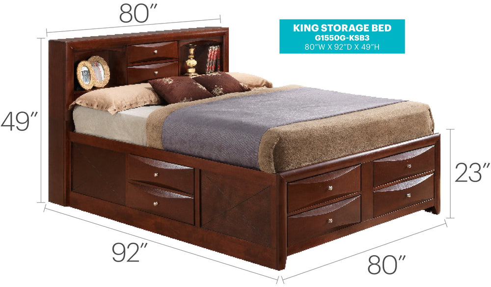 English Elm Spacious Cherry Finish King Storage Bed with Hidden Drawers, Contemporary Design, Easy Care Finish B078S00202
