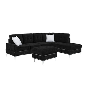 English Elm Sectional L-Shaped Chenille Sofa with Chaise Storage Ottoman, Metal Eucalyptus Frame, 4-Seater Spacious Black W1413S00117