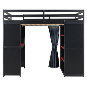 English Elm Full Size Wood Loft Bed with Wardrobe Desk Shelves Rgb Lighting and Blackout Curtains Black+Red LT000269AAJ-1