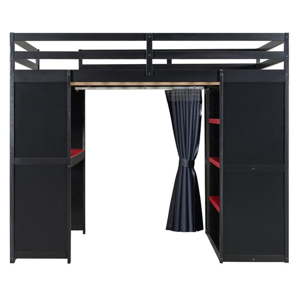 English Elm Full Size Wood Loft Bed with Wardrobe Desk Shelves Rgb Lighting and Blackout Curtains Black+Red LT000269AAJ-1