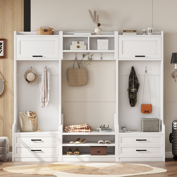 English Elm 4-in-1 Hall Tree with Bench, 7 Hooks, 2 Cabinets & 4 Drawers for Entryway Storage and Seating White W1580S00090