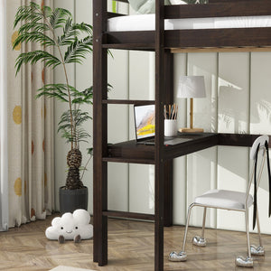 English Elm Twin High Loft Bed with Built-In Desk & Ladder, Espresso Rubberwood, Safety Guardrail, Space-Saving 90 W504P283513