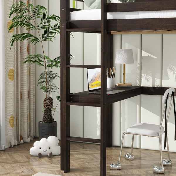 English Elm Twin High Loft Bed with Built-In Desk & Ladder, Espresso Rubberwood, Safety Guardrail, Space-Saving 90 W504P283513