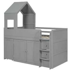 English Elm Twin House Loft Bed with Pull Out Rolling Desk Stair Drawers and Cabinet Storage Gray N820S00072E