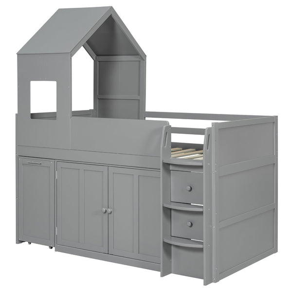 English Elm Twin House Loft Bed with Pull Out Rolling Desk Stair Drawers and Cabinet Storage Gray N820S00072E