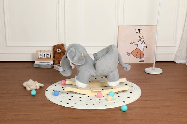 English Elm Kids Elephant Plush Rocking Toy with Sound Button Safety Belt and Sturdy Steel Frame W3723P374146