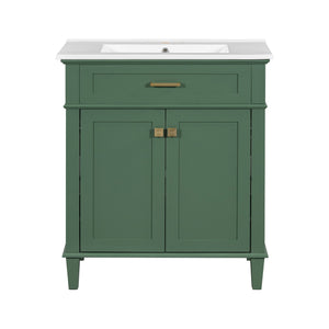 English Elm 30-inch bathroom vanity with ceramic basin, solid wood frame, soft-close doors and adjustable shelves for organized style and lasting durability Green N729P173380F