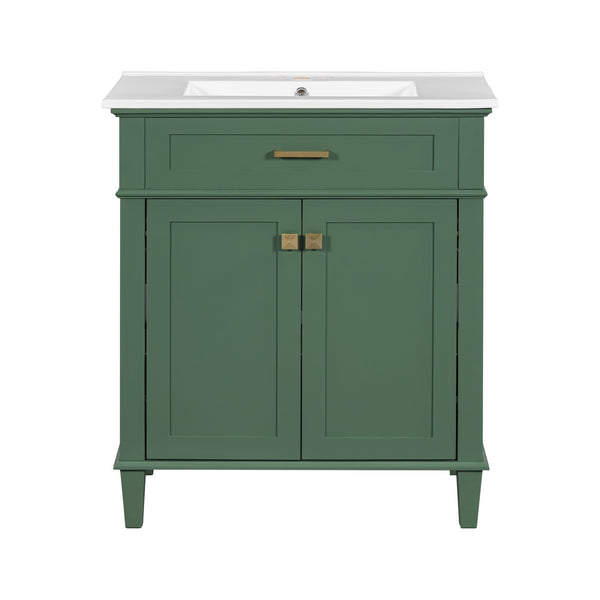 English Elm 30-inch bathroom vanity with ceramic basin, solid wood frame, soft-close doors and adjustable shelves for organized style and lasting durability Green N729P173380F