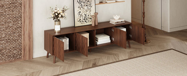 English Elm 70 Inch Fluted Entertainment Center Walnut Finish Solid Wood Legs Soft Close Storage N710P372582P