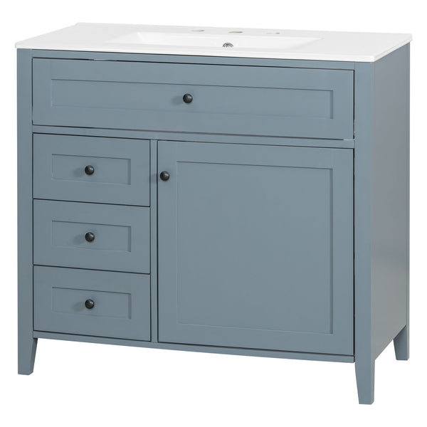 English Elm 36-Inch Blue Gray Modern Bathroom Vanity With Durable Rubberwood Cabinet, Sink & 3 Drawers For Storage N725P350821E