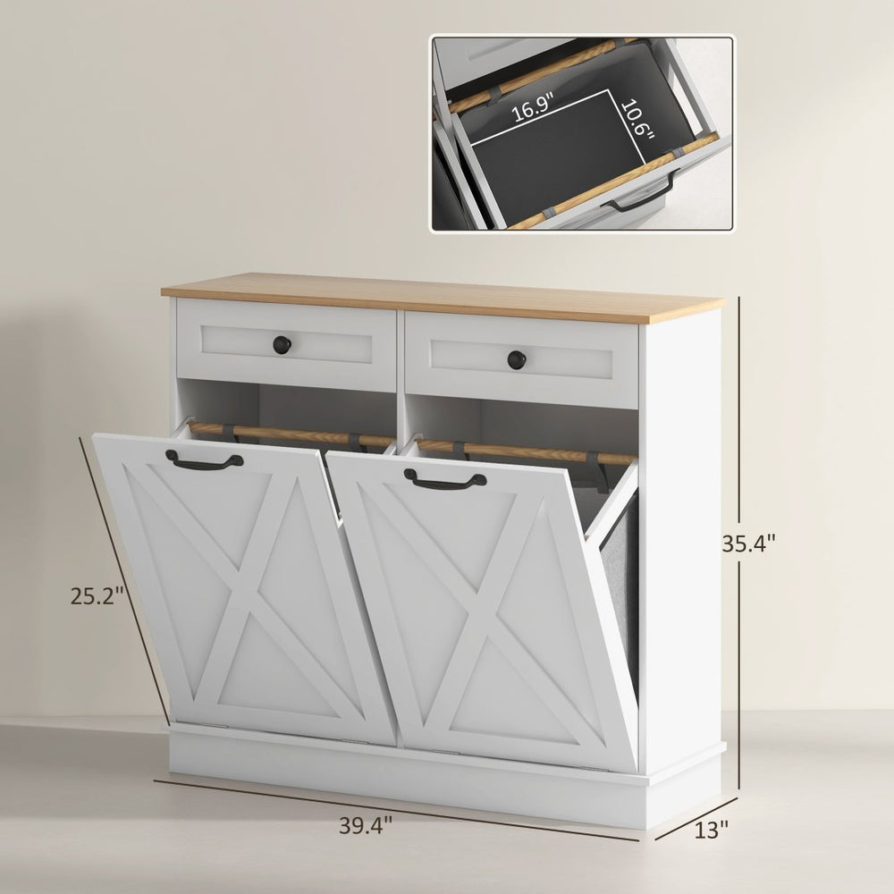 English Elm Bathroom Tilt Out Hamper Cabinet White Mdf Freestanding Laundry Sorter with Drawers T3971P430867